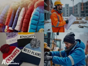 A collage of different images of a person wearing branded winter gear A collage of different images of a person wearing branded winter gear