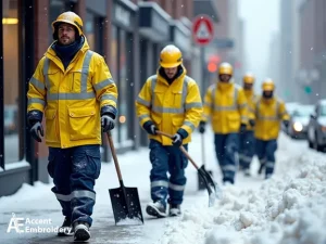 A group of men in yellow branded winter gear with shovels walking down a snowy street A group of men in yellow branded winter gear with shovels walking down a snowy street