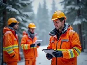A group of men wearing branded apparel orange jackets and helmets A group of men wearing branded apparel orange jackets and helmets