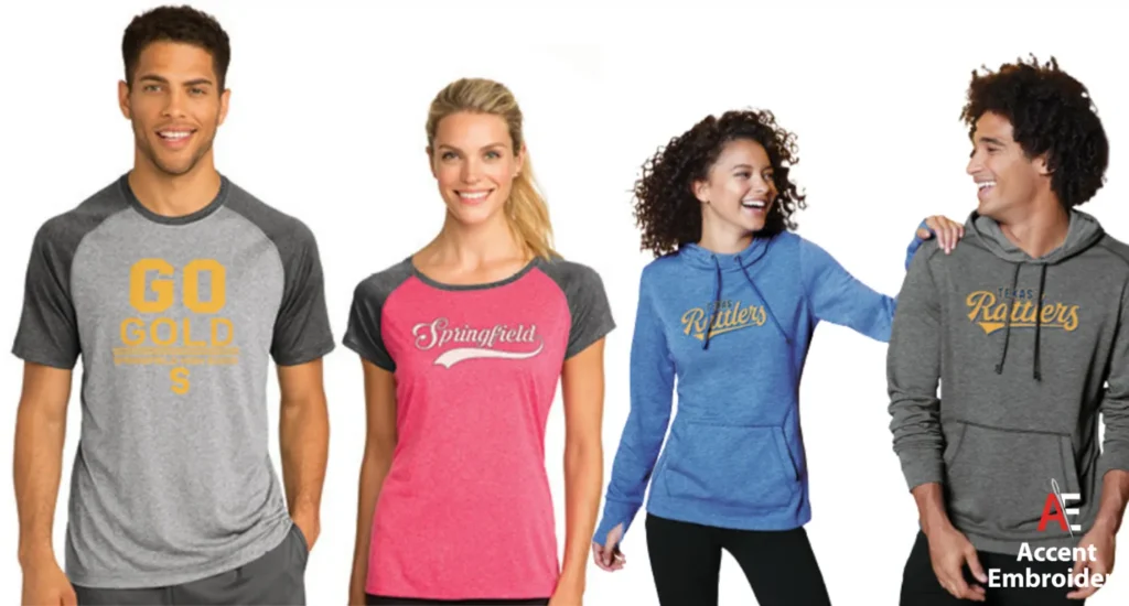 A collection of four t shirts in varying styles fitted, loose, and cropped, highlighting custom printing possibilities